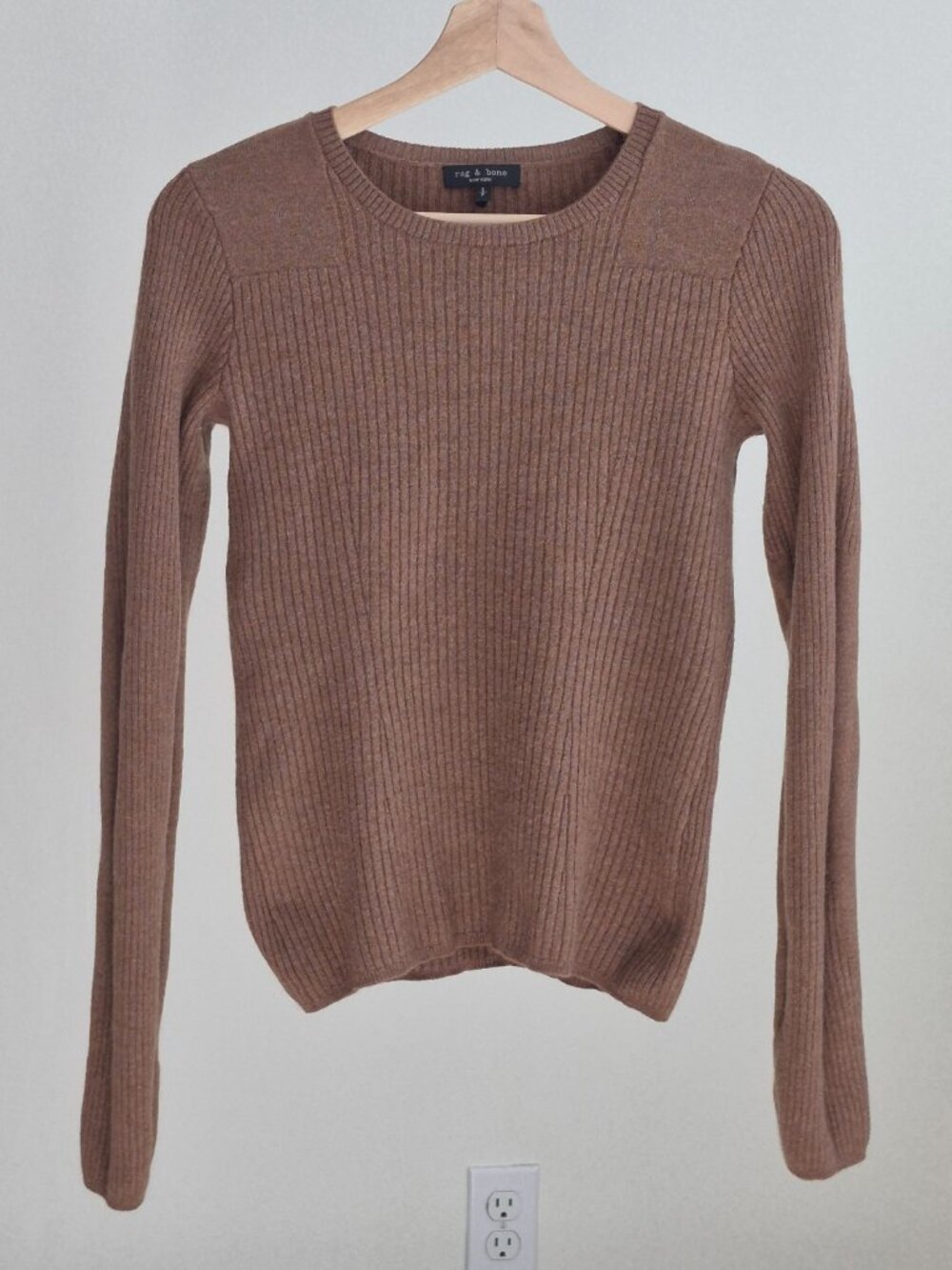 Rag & Bone Audrina Rib Sweater S Womens Brown Wool Blend Crewneck Long Sleeve